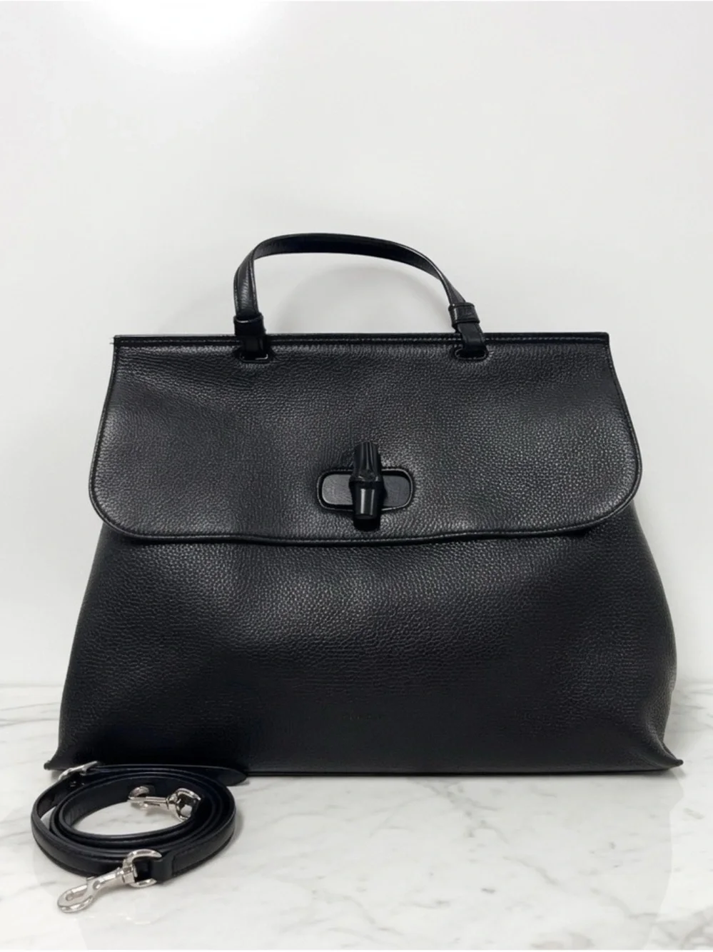 Gucci Bamboo Black Leather Top-Handle Satchel with Detachable Strap